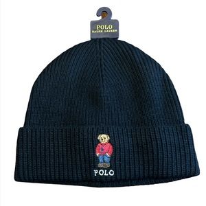 Ralph Lauren POLO Bear Hat Black One Size Rib-Knit Beanie Skull Ski